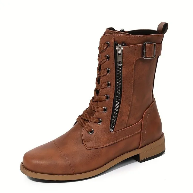 Women's motorcycle shoes with round tip and side zipper - stylish, laced, anti-slip medium-high boots in autumn and winter