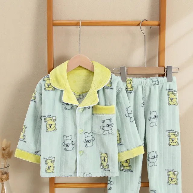 Ensemble de pyjama pour enfant avec ours, flanelle chaude, manches longues, poche