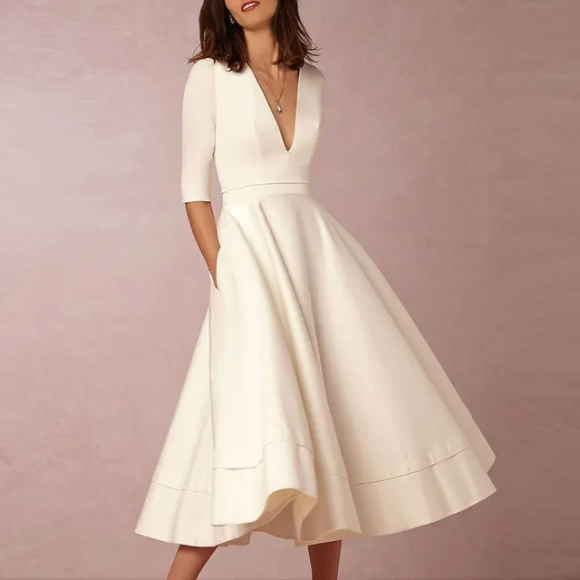 Elegáns Plunge Neckline Flowy Midi munka ruha