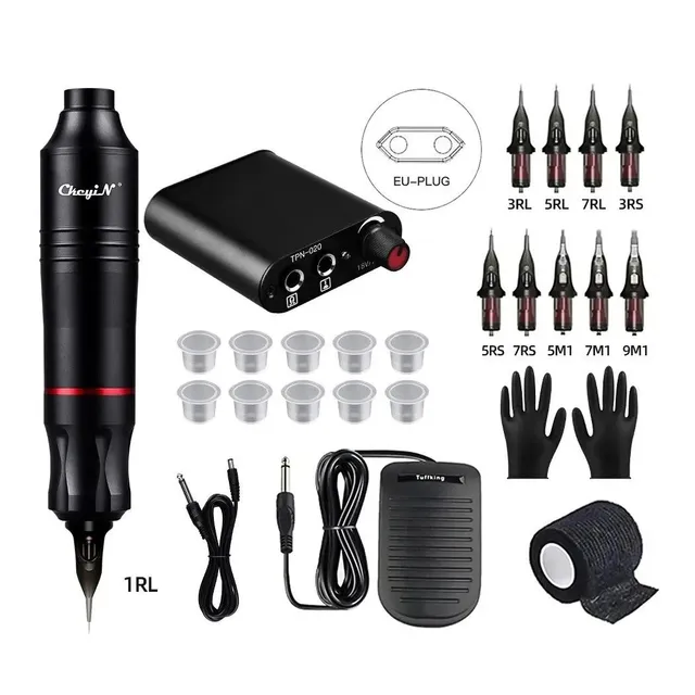 Tattoo kit with cordless machine, power supply, power cable, 10x tattoo cartridges and other accessories 15,5 x 2,7 cm