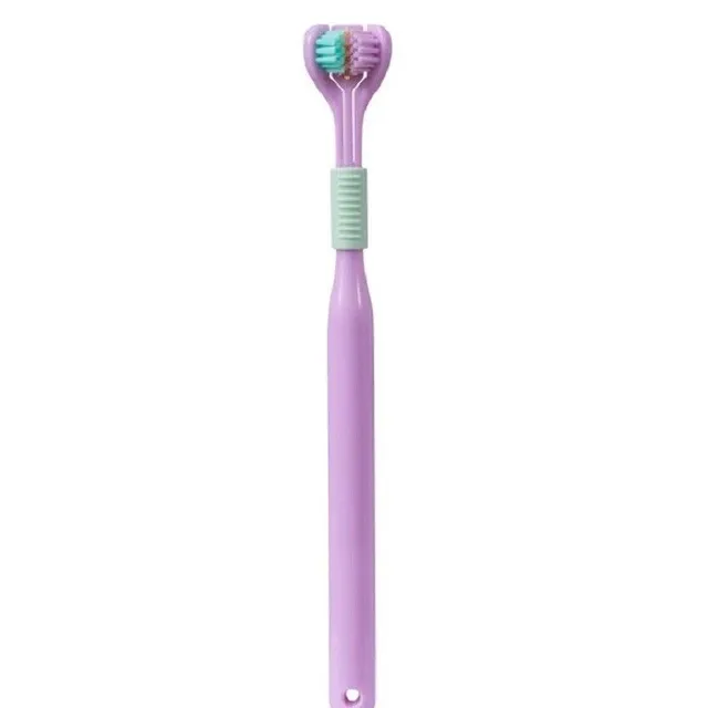 Brosse à dents à trois têtes avec poils doux Brosse à dents souple 360° pour adultes avec grattoir à langue 19,5 x 2,5 cm