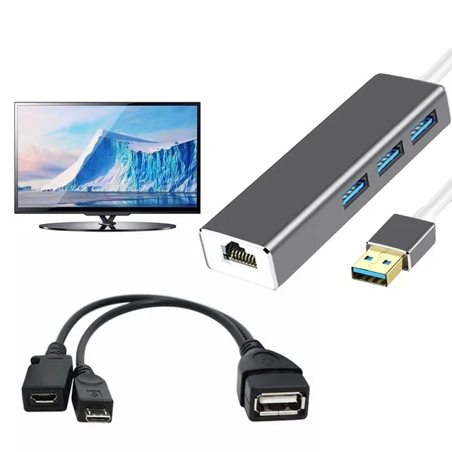 USB RJ45 adaptér + HUB 3 porty