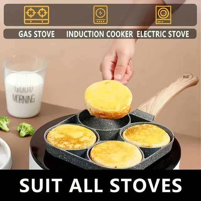 Non-stick pan for pancakes and fried eggs with 4 holes and wooden handles