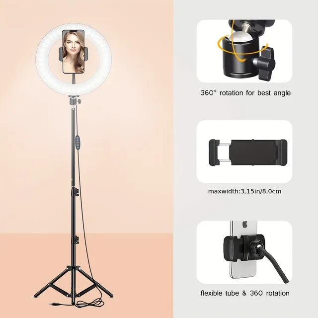 Kruhové LED světlo s rukojetí, stojanem a držákem na telefon pro vlogování, foto, selfie, videohovory, líčení a živé streamování