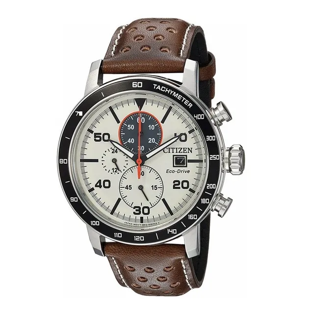 The same men's Eco-Drive watch as the AT world chronograph