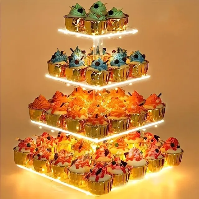 Suport pentru prăjituri pe piedestal - 4 etaje din acril cu lumină LED pentru aniversări, candy bar, nunți, petreceri și evenimente