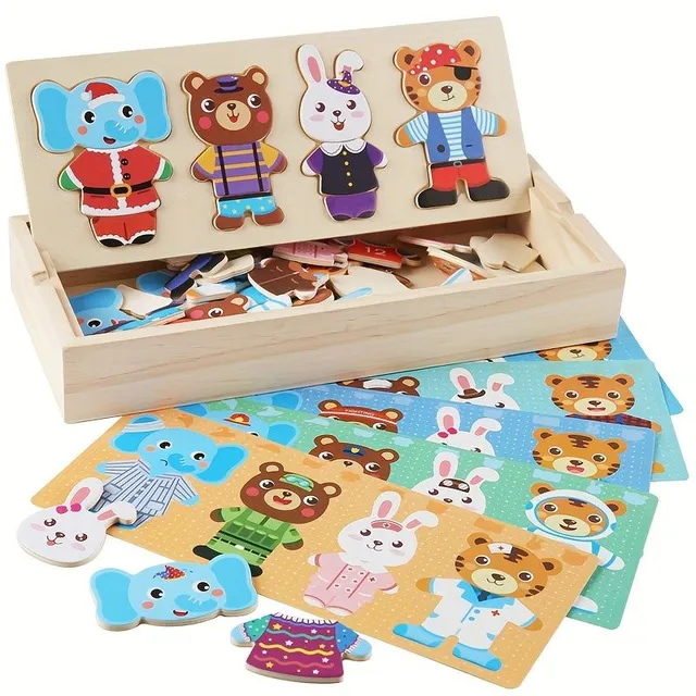 Wooden montessori toy: animals for dressing and sorting