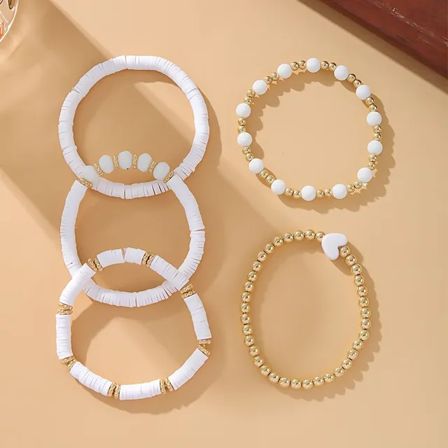 Set di 5 braccialetti elastici con perline e cuore in stile boho per donne