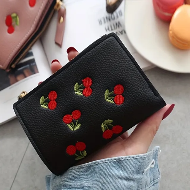 Cherry embroidered coin box wallet, zipper case