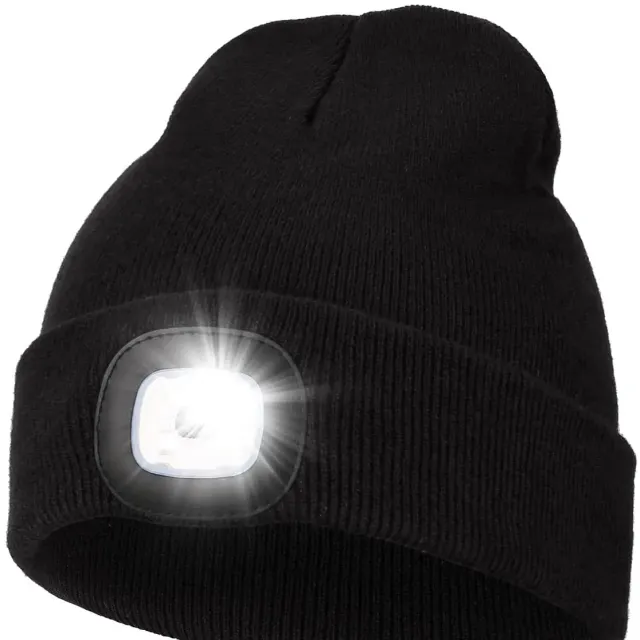 Unisex LED knit cap with USB charging light, head torch, winter knit cap with night light