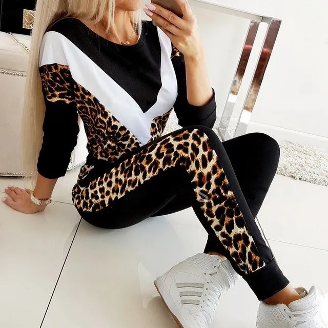 Leopard Print Color Block Sweater Pants Suit