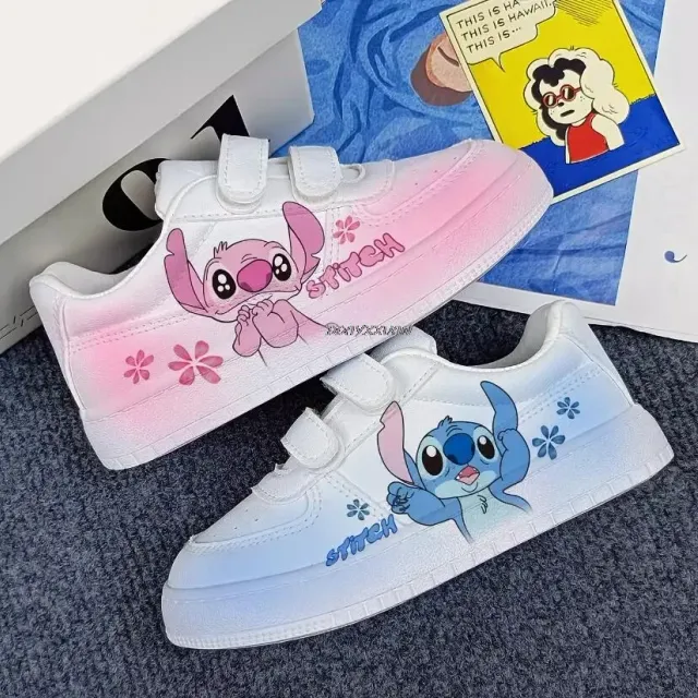 Tenisi sportivi trendy pentru copii, de culoare albă, cu imprimeu cu personajele animate Stitch și Angel