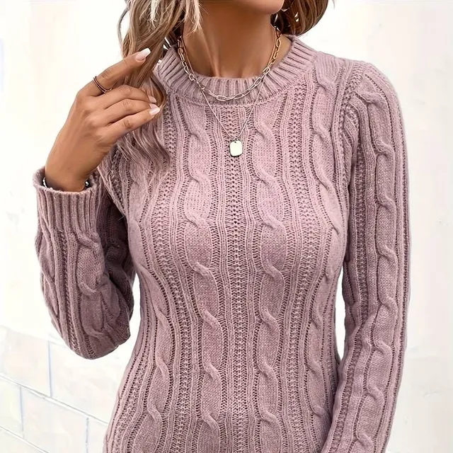 Ladies knitted sweater with round neck and long sleeves in cable pattern