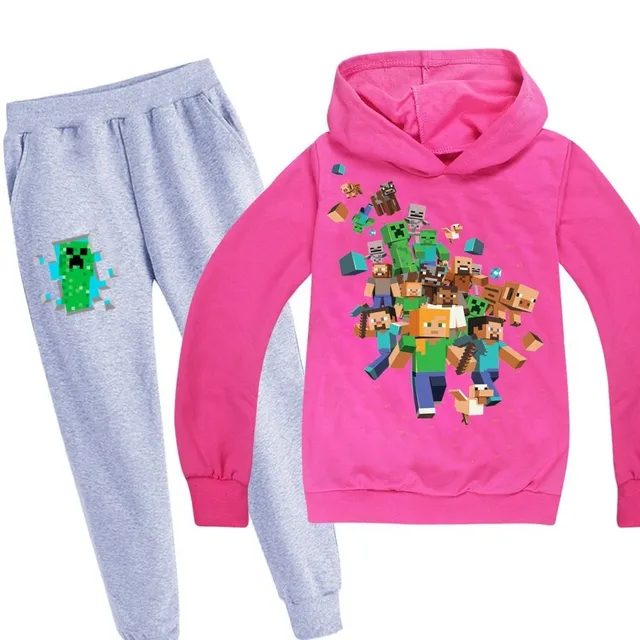 Stylish tracksuit with the motif of the computer game Minecraft rose red gray 2 - 3 roky