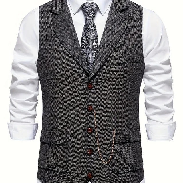 Men's retro herringbone vest with 1 button, Elegant lapel for business, banquet and wedding events