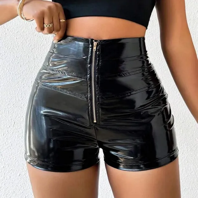 Shorts de cuero sintético para mujer con cremallera y bolsillos