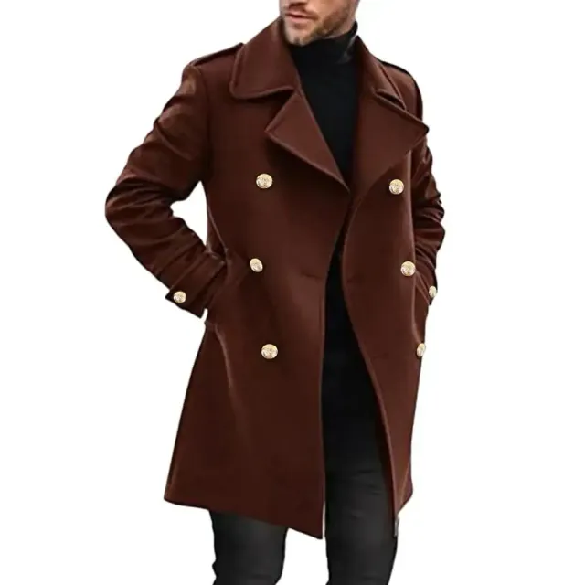 Men's formal coat - two-row mid-length trench with collar to neck, monochrome