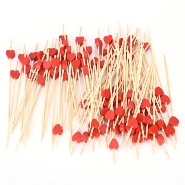 100 pcs of wooden toothpicks decorated with colored hearts