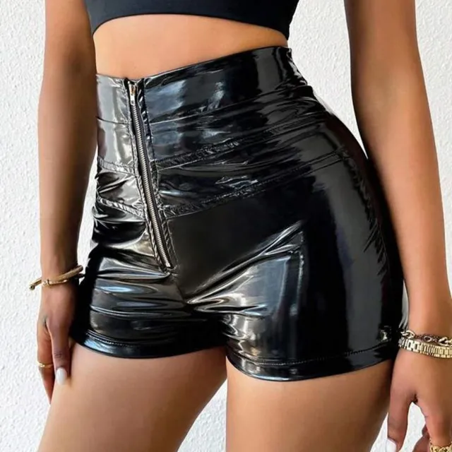 Shorts de cuero sintético para mujer con cremallera y bolsillos