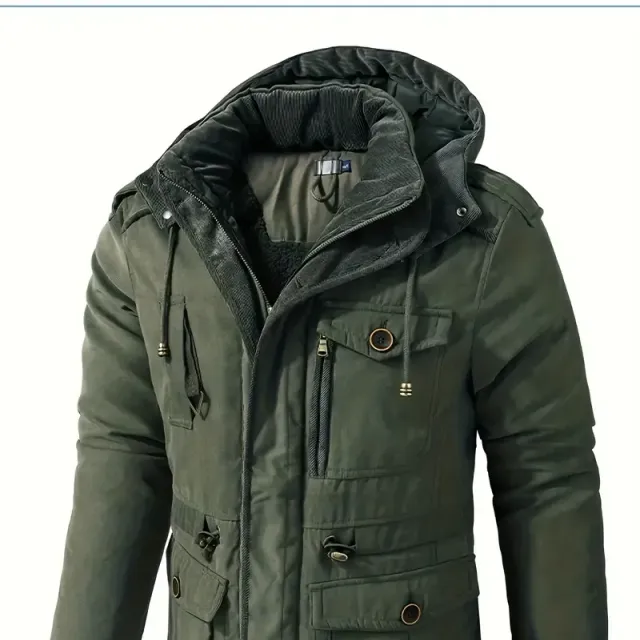 Men's warm winter jacket with hood, multifunctional pockets, elegantly casual