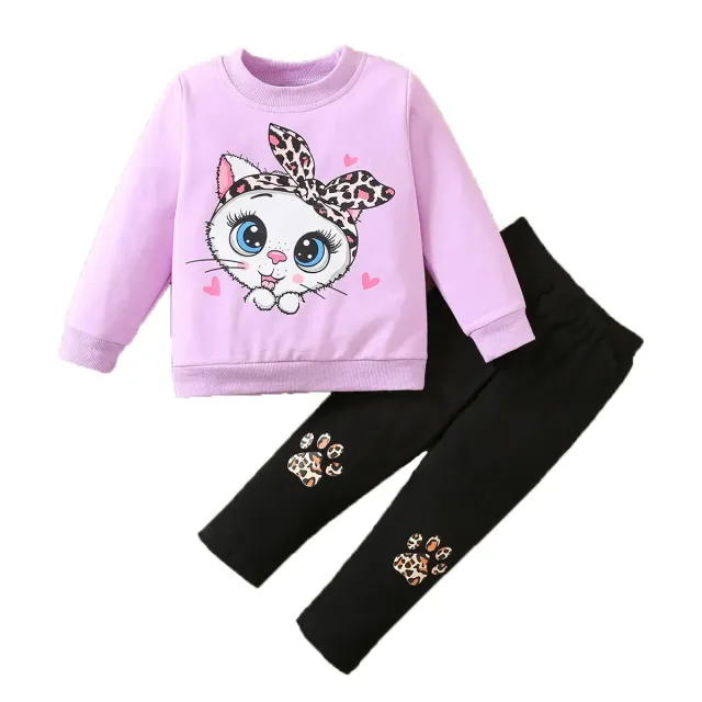 Children's two-piece cotton pajamas with long sleeve and a cat with big eyes for girls