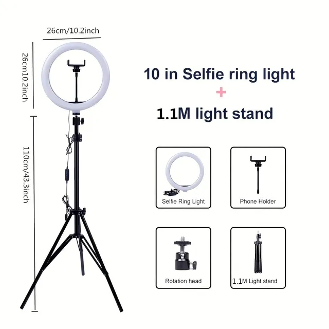 Kruhový selfie LED kruh s nastavitelným stativem a stmívatelným USB napájením