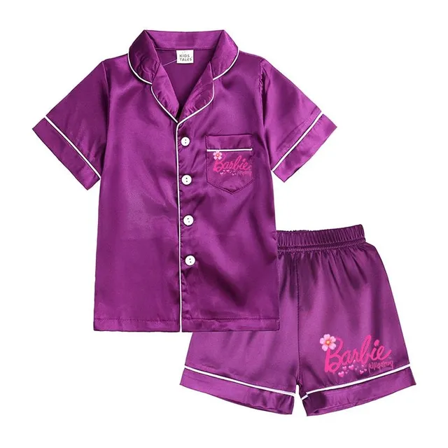 Pijama modernă pentru fete, formată din două piese, din material lucios, cu motivul Barbie