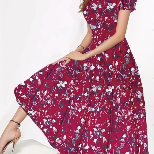 Flower Pattern - Dress with round neckline, Elegant, Short Sleeves (Spring/Summer)