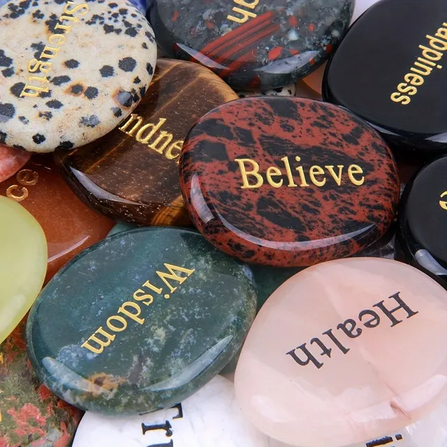 Natural engraved inspirational words Trouble Stone, Natural mixed color stone, (25pcs/set with different English words), Ideal choice for gifts