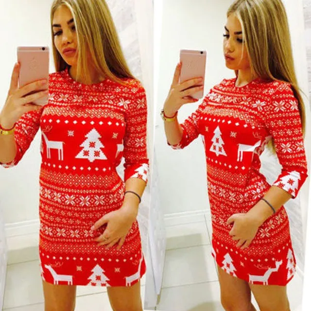 Christmas mini dress with reindeer and tree pattern