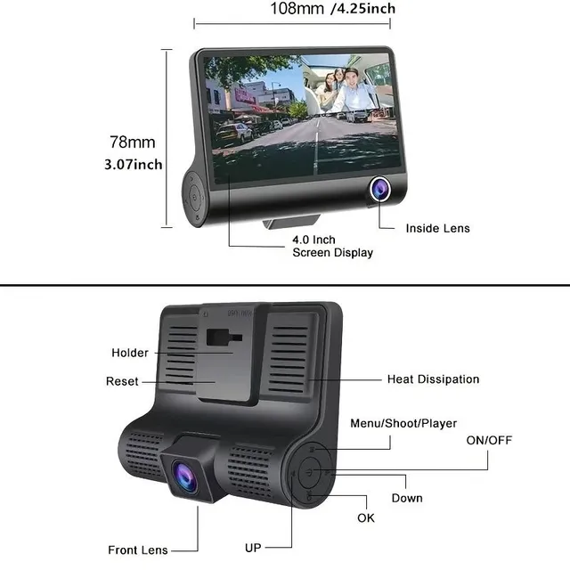 4,0palcová Full HD Trojná Autokamera s Přední, Interiérovou a Zadní Kamerou - Parkovací Asistent a Nekonečné Záznamy
