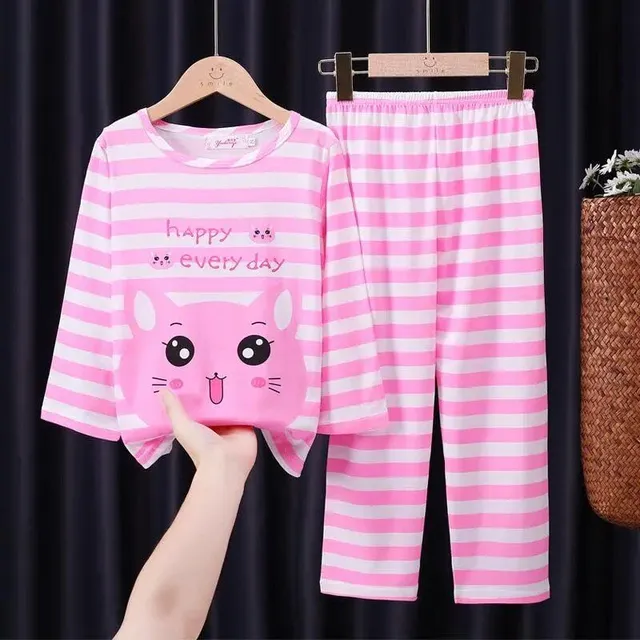 Girls' pajamas with cartoon pattern, round neckline and long sleeve P13 6T