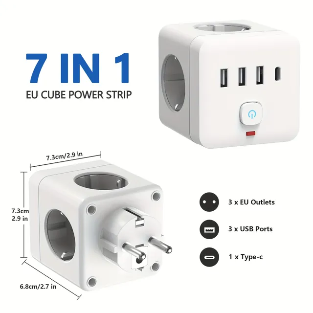 7v1 EU Power bar with overvoltage protection, 3x socket + 3x USB + 1x USB-C, charging station with overload protection