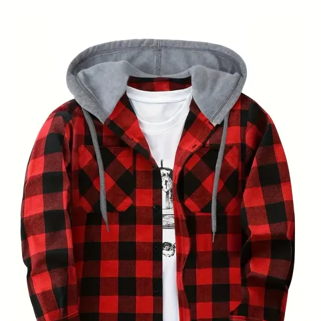 Men's plaid shirt jacket with long sleeves, hood and button closure - Regular fit