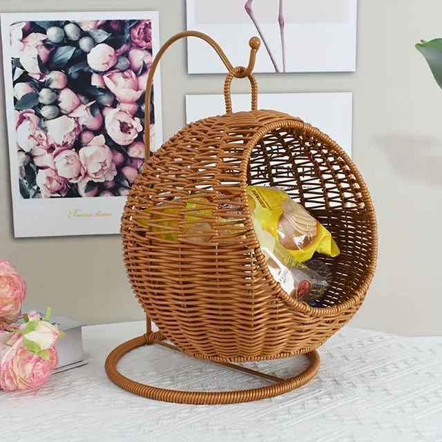 Knitted basket of artificial rattan for fruit, pastries and small snacks