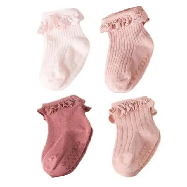 Baby cotton anti-slip socks in autumn and winter with baby and toddler ruffles, 4 pairs