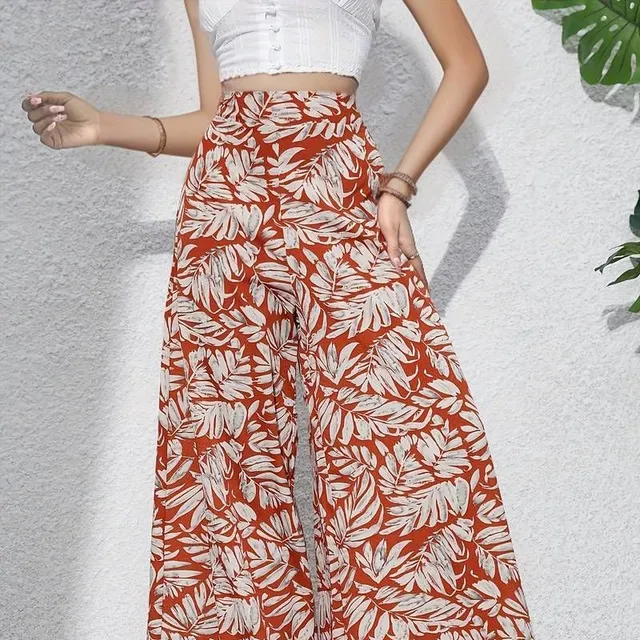 Boho Pants with Flower Pattern - Elastic Pas, Wide Nohavice, Summer