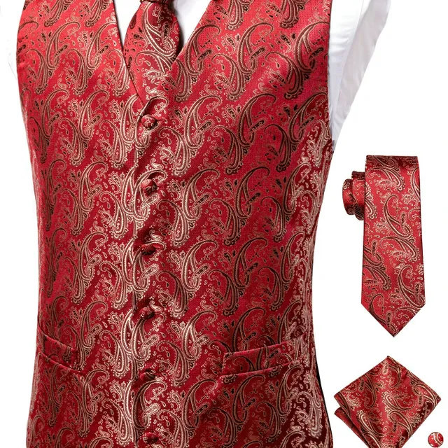 Male vintage sleeveless vest with elegant cut and floral pattern, formal set - vest, tie, cuff links and handkerchiefs