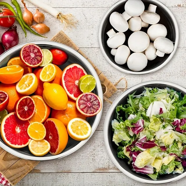 Stainless steel bowls with coloured lids - Set of stackable cooking, baking, serving and storage bowls