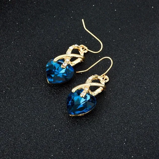 Pozlacený náhrdelník + náušnice KŘIŠŤÁLOVÉ SRDCE - Modrý
