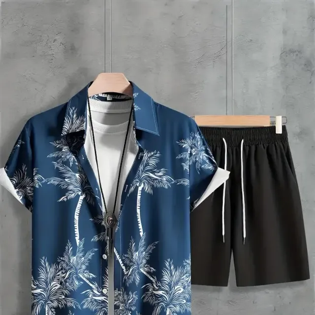 Men's 2-piece set with coconut palm tree print - shirt with collar and pockets and shorts with drawstring