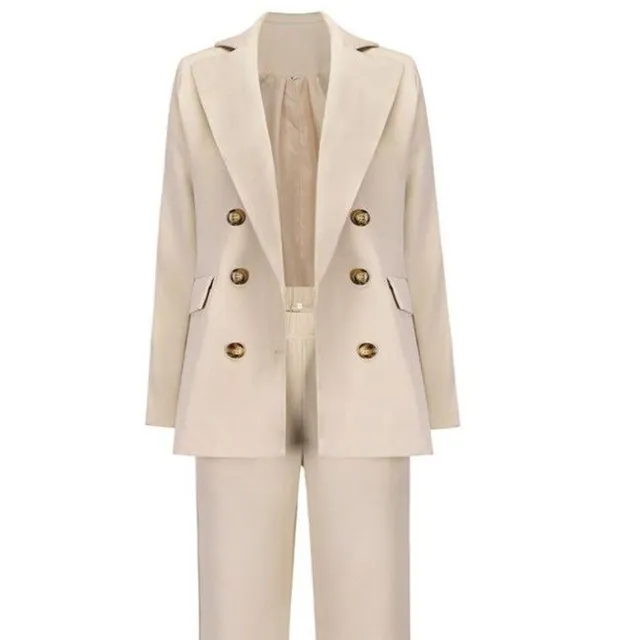 Formální polyesterové prosté sako s kapsami ve tvaru V a dlouhé kalhotové obleky
