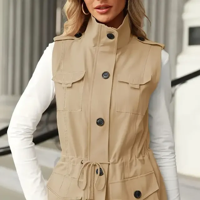 Solid Vest With Capsules On Clops And String, Universal Handless Vest With Zip For Spring And Autumn, Women's Clothing