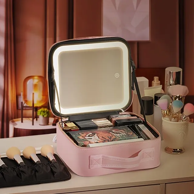 Travel Case On Make-up With Mirror LED Light 3 Adjustable Brightness Cosmetic Bag Portable Storage Adjustable partition Waterproof Brushes On Make-up Organizer On Jewelry Gift for Women