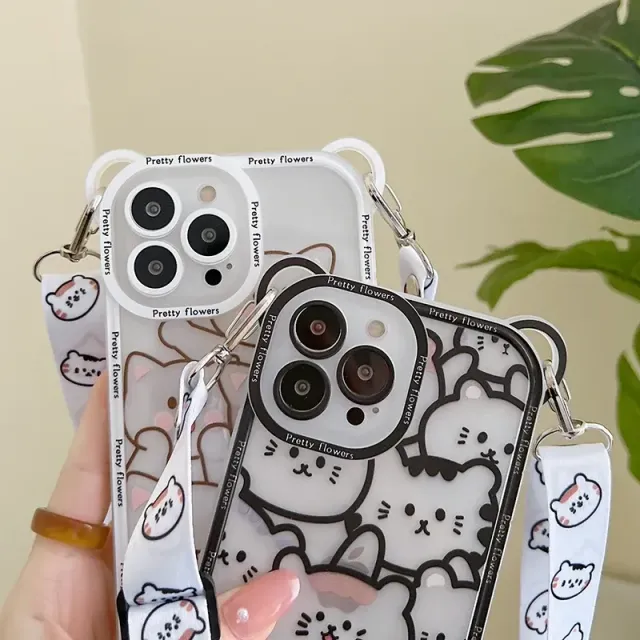 Silicone transparent iPhone phone case with Cute Bear motifs and neck strap