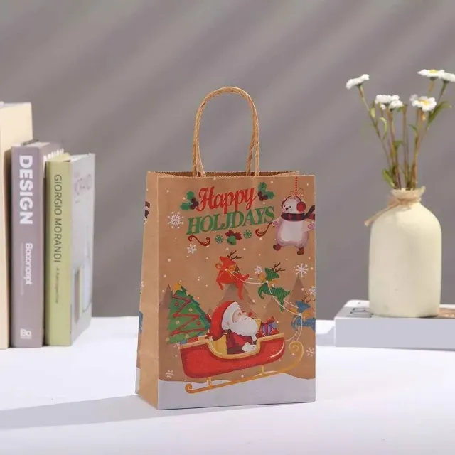 Christmas paper bags with Santa Claus theme, reindeer and bell for children