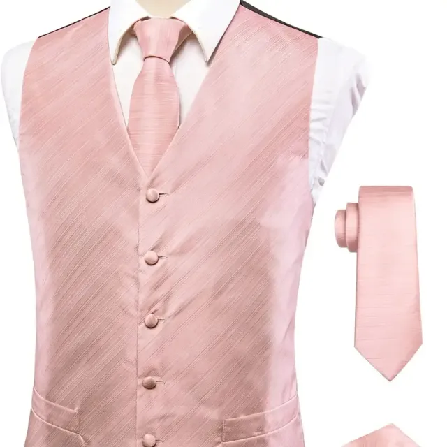 Male vintage sleeveless vest with elegant cut and floral pattern, formal set - vest, tie, cuff links and handkerchiefs