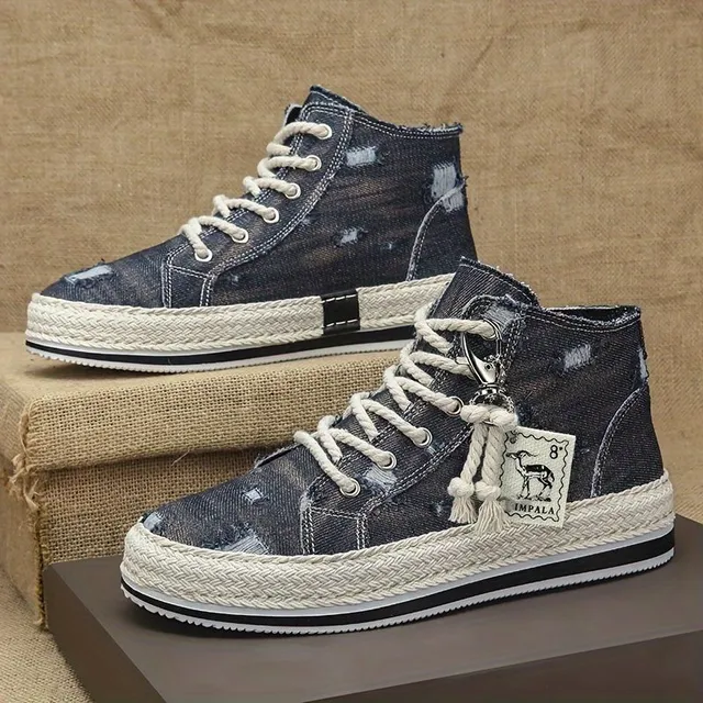 Men's skateboard shoes with high ankle from blue denim with scratched appearance, breathable shoelace and good grip. Inspired by espadrillas.