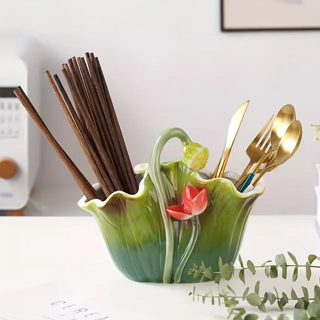 Ceramic kettle vase in the shape of a lotus leaf with hand painted, waterproof, with the function of flower holder and cutlery