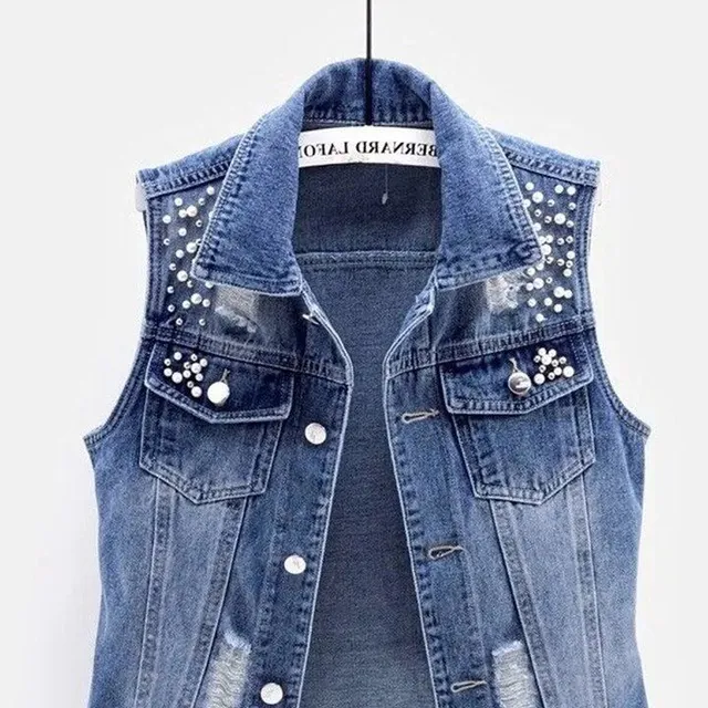 Women's denim vest with beads and slit